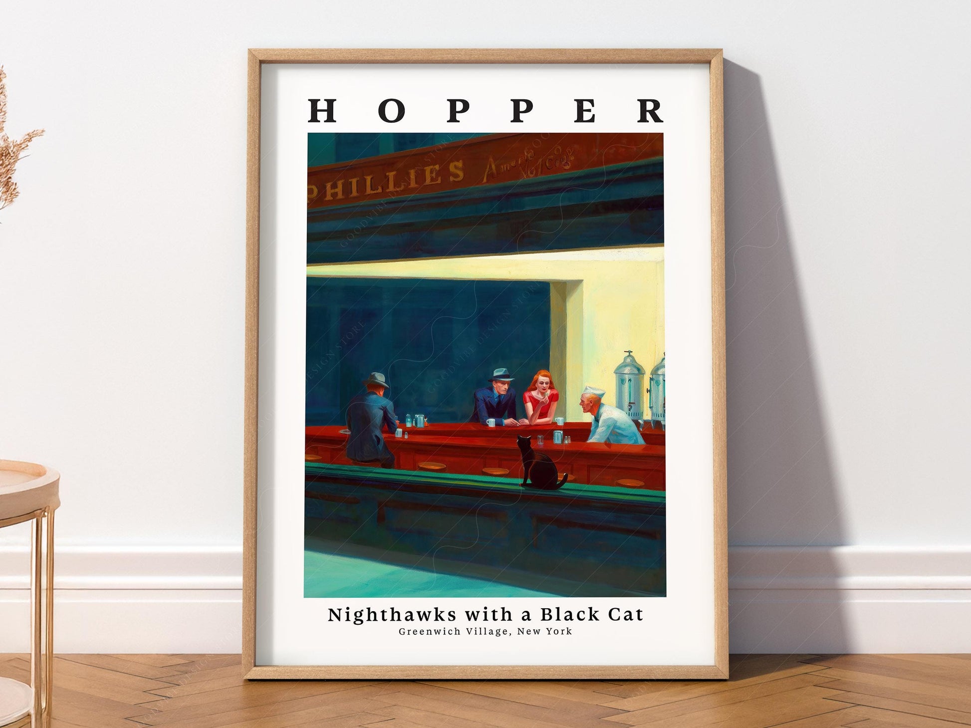 Edward Hopper Nighthawks with Black Cat Print – Funny – art poster for living room