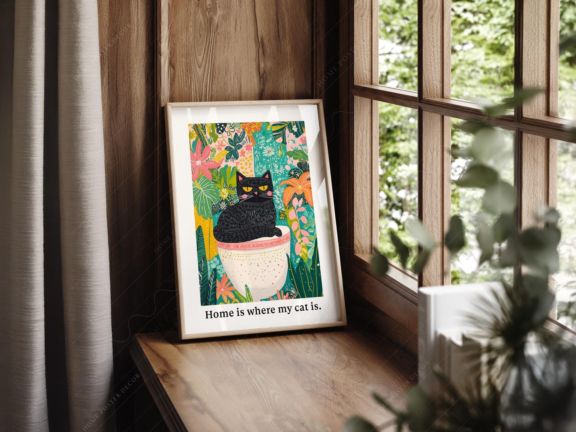 Black Cat in Garden Art Print – Colorful Botanical Cat – fine art print wall decor