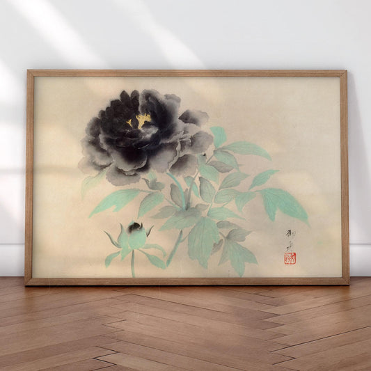 Gyoshu Hayami Black Peonies Japanese floral art print with dark bloom and green leaves on cream background.