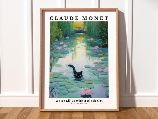 Claude Monet Water Lilies with a black cat swimming in the pond art print inspired by Giverny France