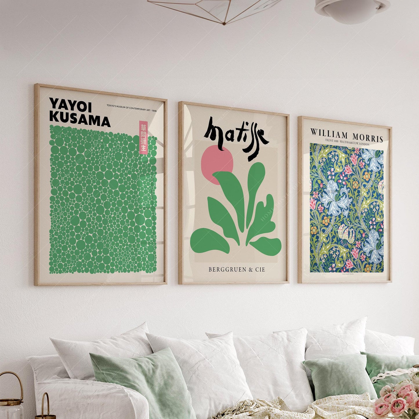 Set of three wall art prints featuring Yayoi Kusama dots, Henri Matisse cut-outs, and William Morris floral pattern.