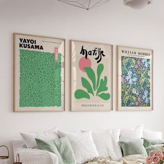 Set of three wall art prints featuring Yayoi Kusama dots, Henri Matisse cut-outs, and William Morris floral pattern.