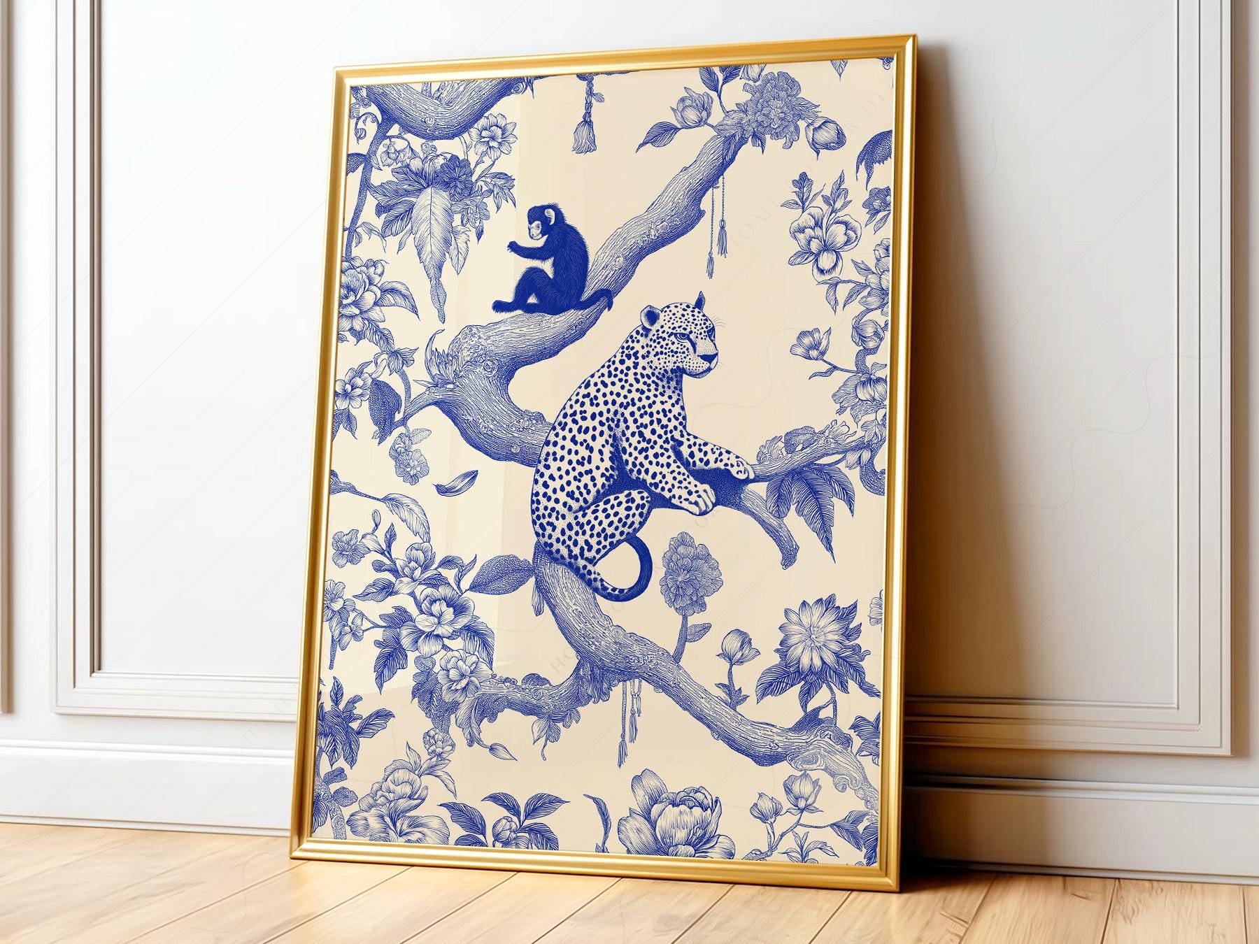 Chinoiserie Leopard & Monkey Art Print – Blue White – gallery wall art poster