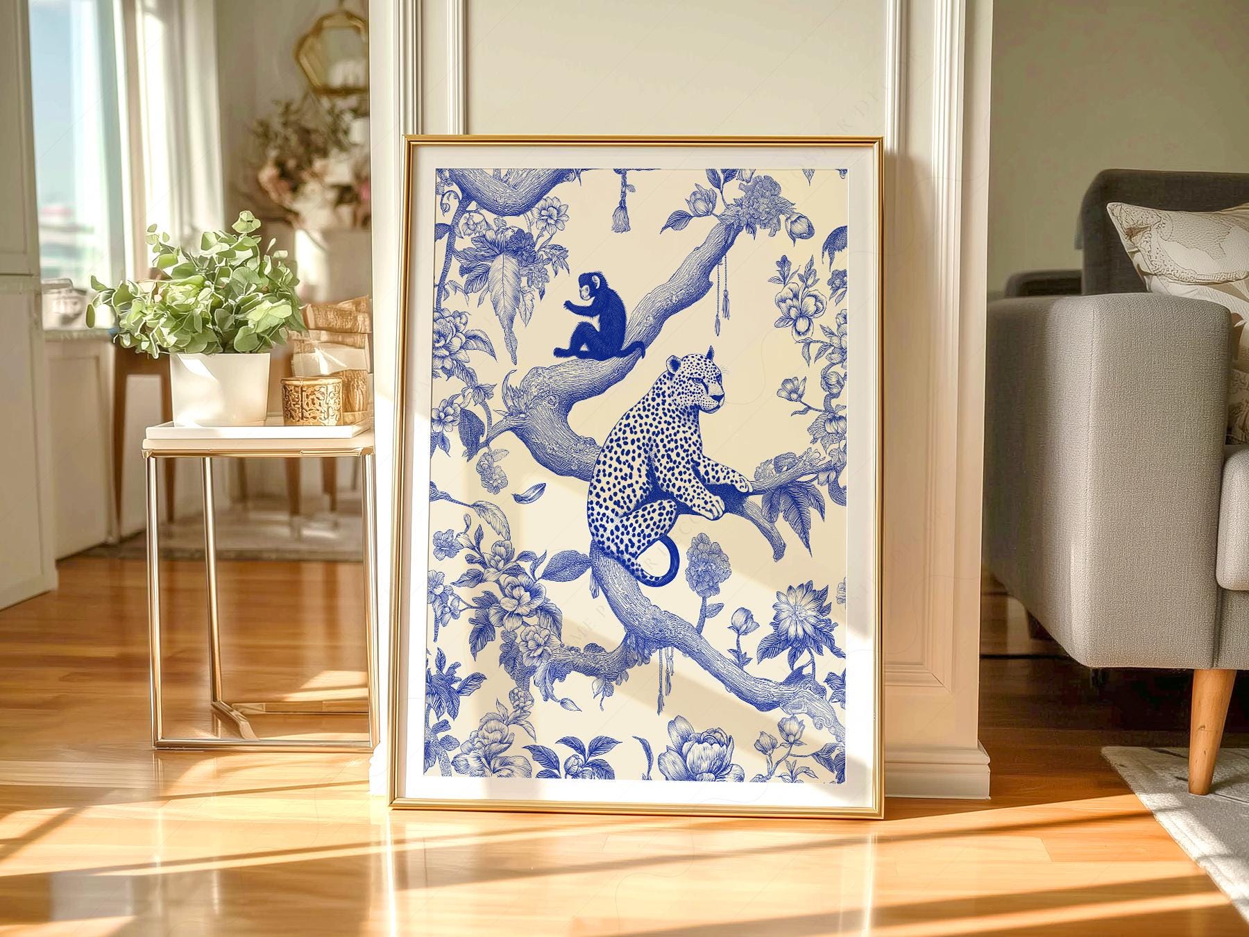 Chinoiserie Leopard & Monkey Art Print – Blue White – archival paper art print