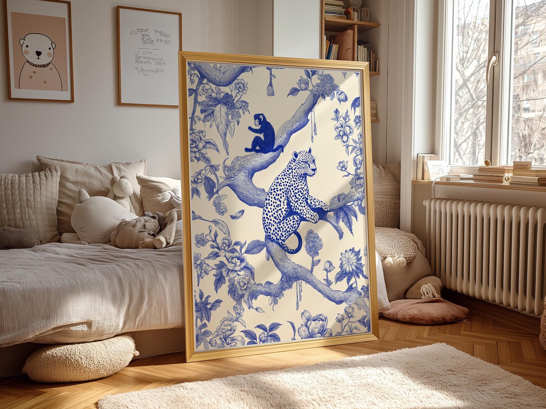 Chinoiserie Leopard & Monkey Art Print – Blue White – exhibition poster wall art