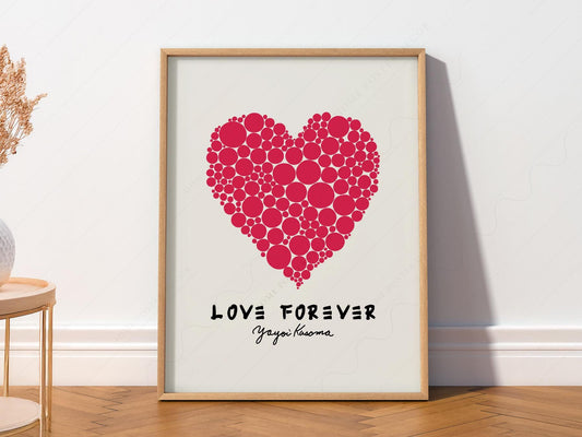 Yayoi Kusama Love Forever art print featuring a red polka dot heart on cream background as modern wall art.