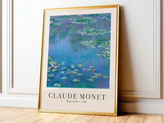 Claude Monet Water Lilies 1906 art print featuring soft blue pond with floating green lily pads and pink blooms.