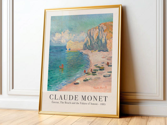 Claude Monet Étretat Beach and Falaise d'Amont art print featuring the Normandy coastline with turquoise sea and cliffs.