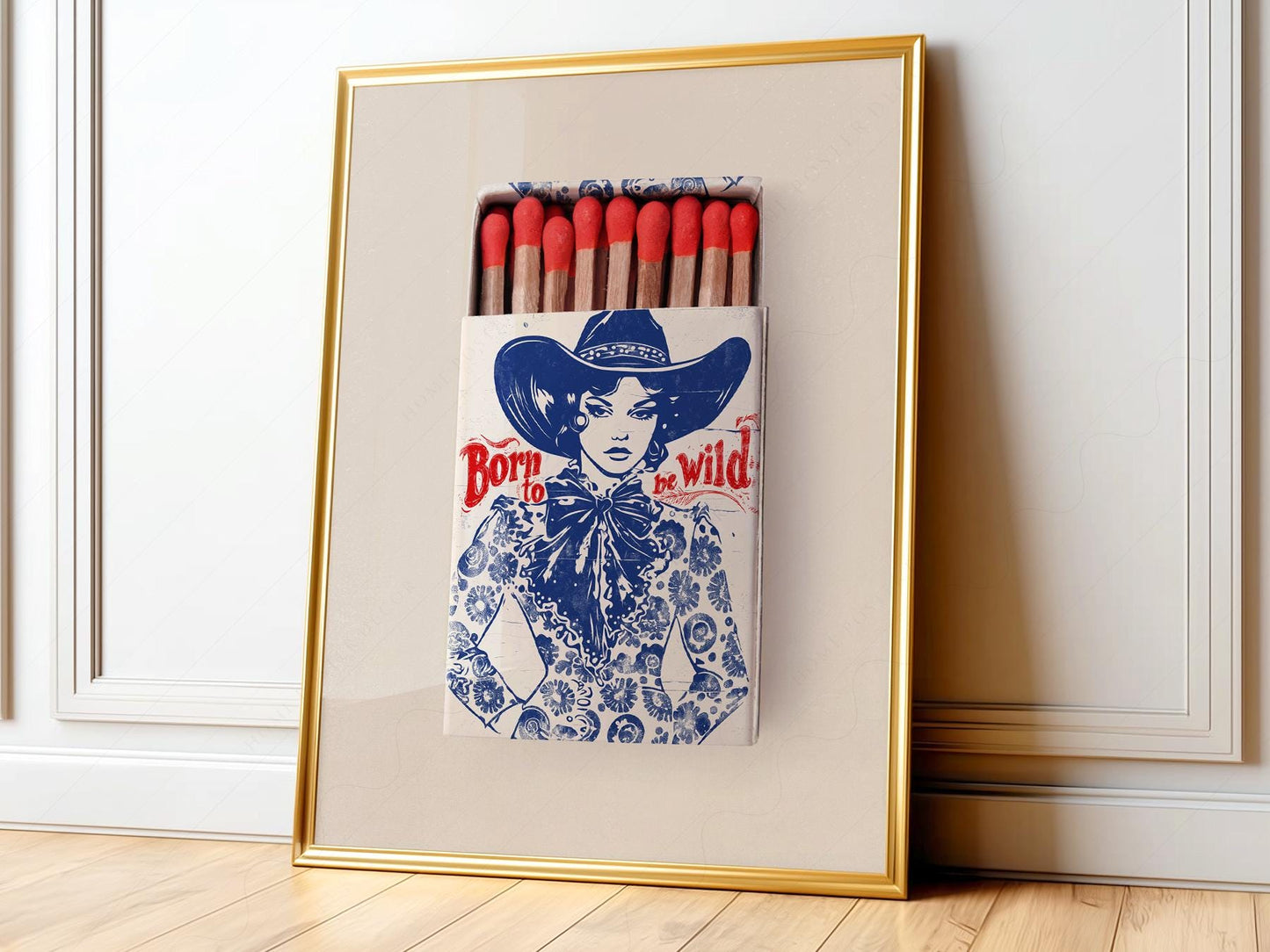Born to Be Wild vintage cowgirl matchbox wall art print featuring navy blue Western illustration with red lettering.