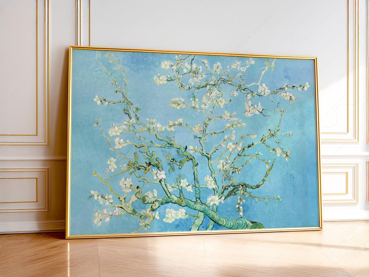 Van Gogh Almond Blossom art print featuring white spring blossoms against a soft blue sky wall art.
