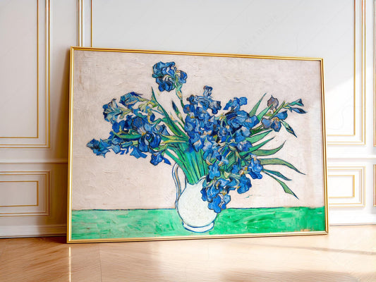 Van Gogh Irises art print featuring blue iris flowers in a white vase, floral wall art poster.