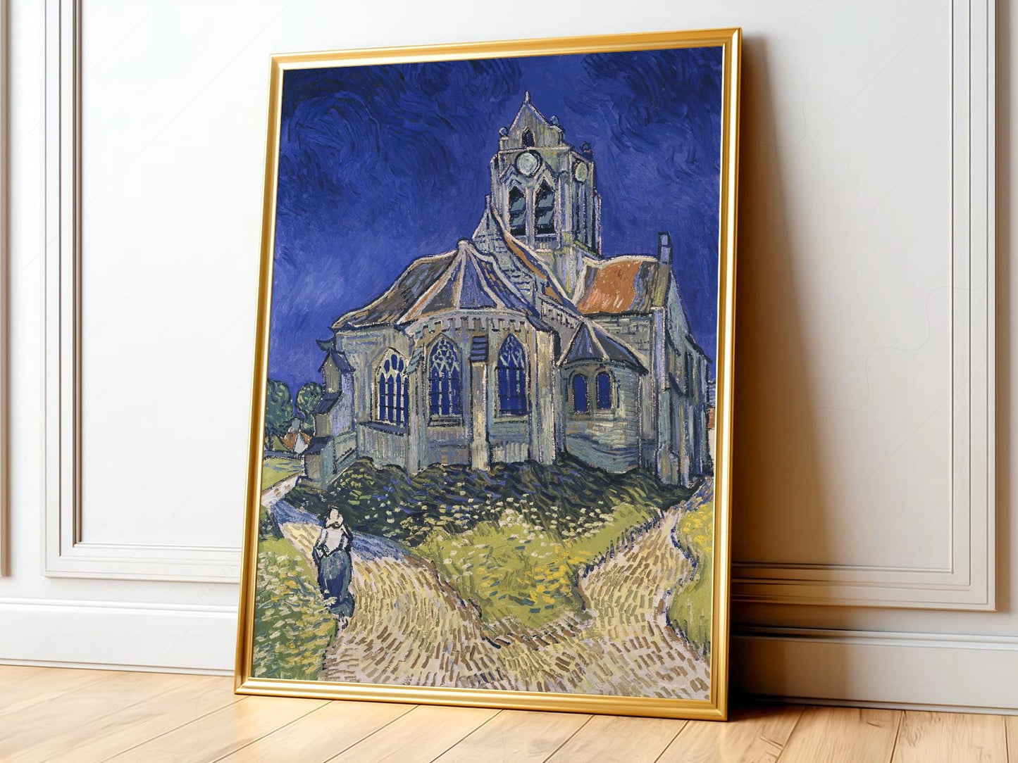 Van Gogh The Church at Auvers art print featuring a Gothic church under a swirling blue sky.