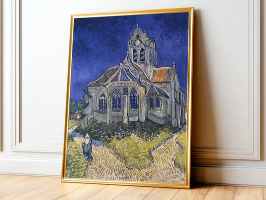 Van Gogh The Church at Auvers art print featuring a Gothic church under a swirling blue sky.