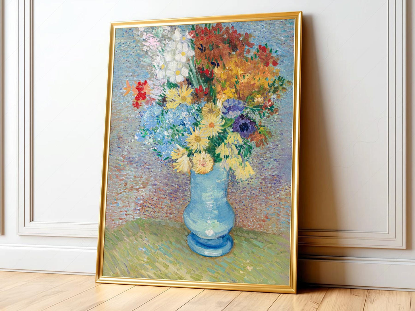 Van Gogh Flowers in a Blue Vase floral still life art print with colorful wildflowers and expressive brushwork.