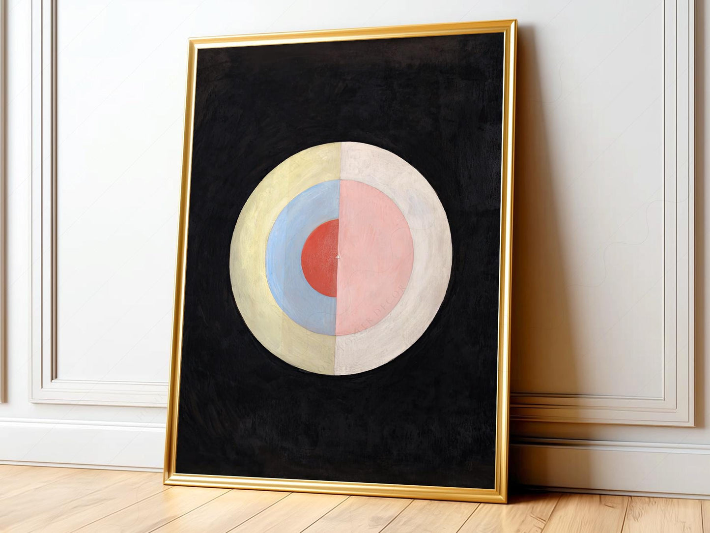 Hilma af Klint The Swan No. 16 abstract art print featuring concentric circles in pastel colors on black background wall art.