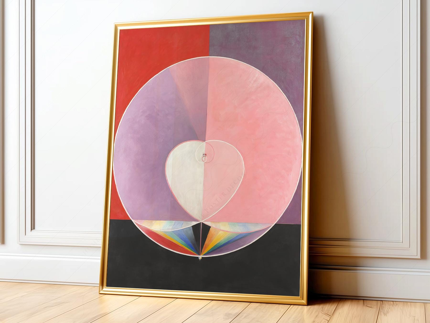 Hilma af Klint Doves No. 2 abstract art print featuring pink circle and heart shape with rainbow prism wall art.