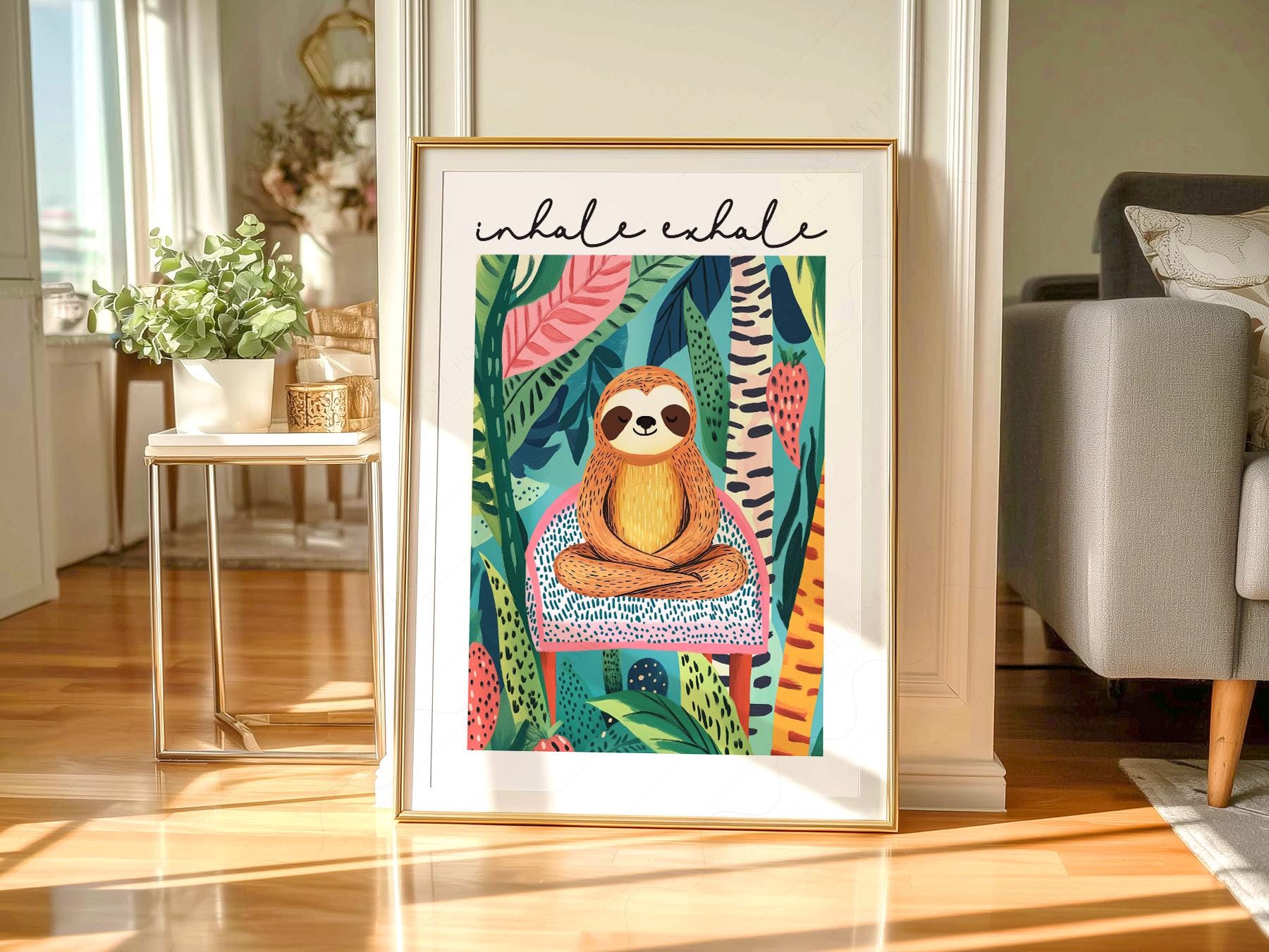Inhale Exhale Sloth Art Print – Tropical Jungle Poster – gallery wall art poster