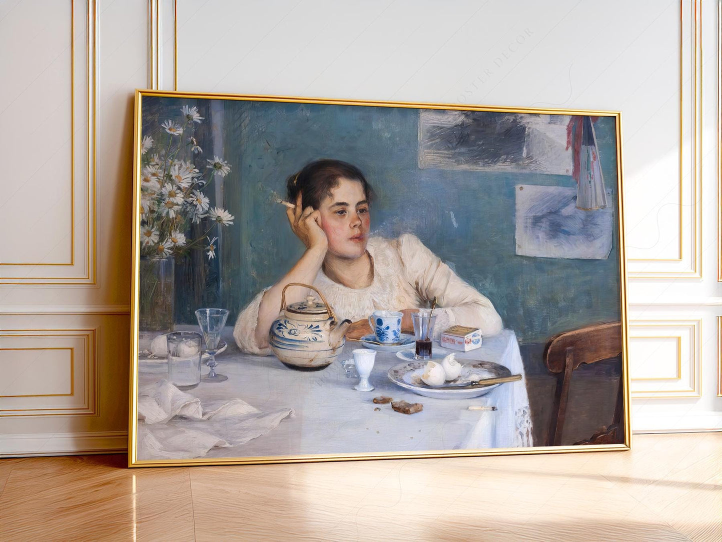 Elin Danielson-Gambogi After Breakfast vintage art print featuring a woman daydreaming at a tea table with daisies.