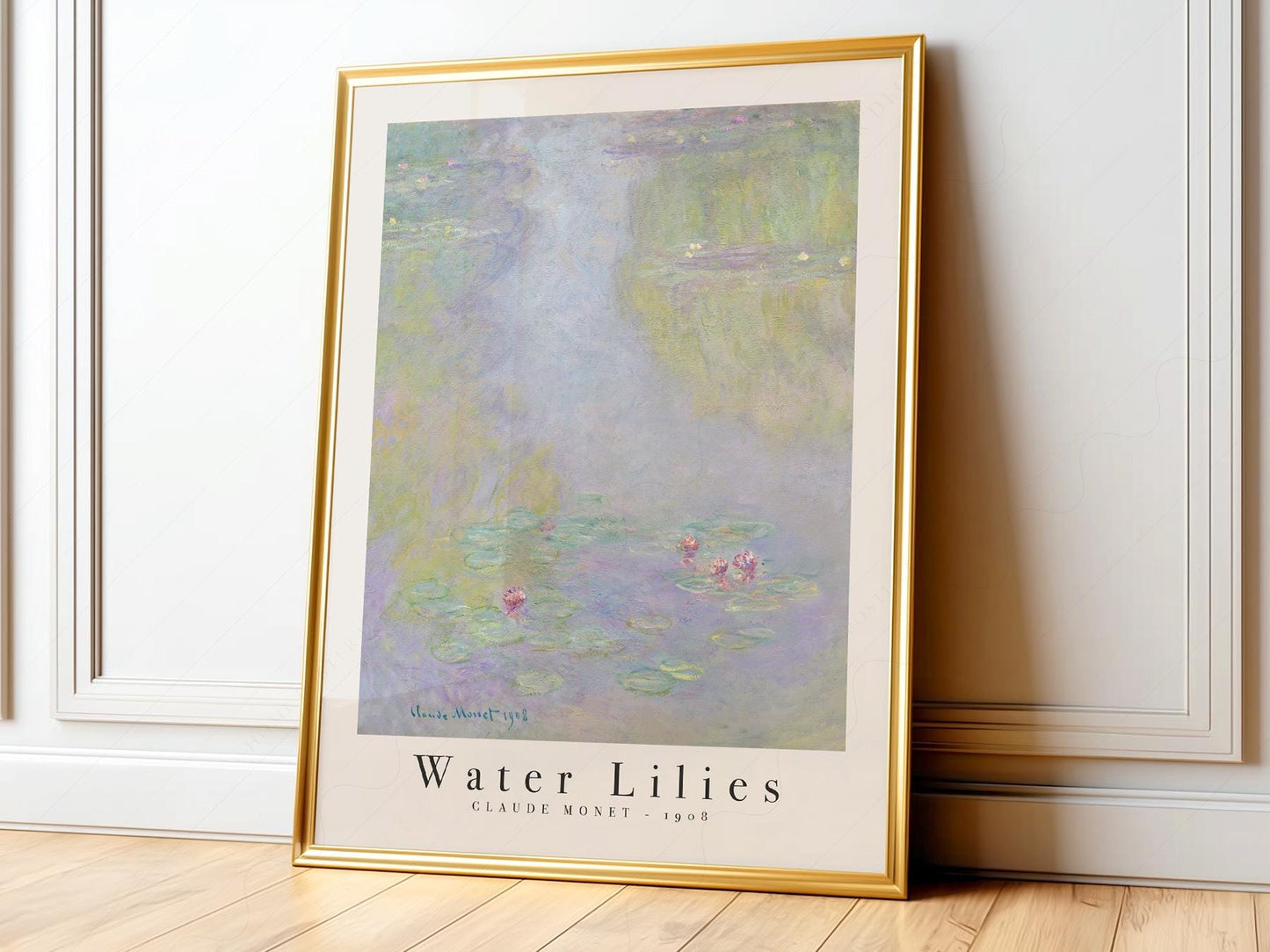Claude Monet Water Lilies 1908 art print featuring soft pastel water garden with pink blooms and lily pads.