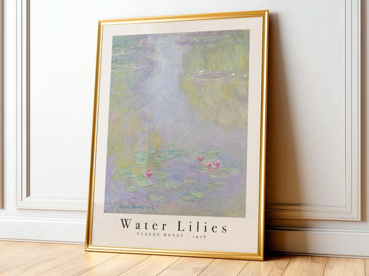 Claude Monet Water Lilies 1908 art print featuring soft pastel water garden with pink blooms and lily pads.