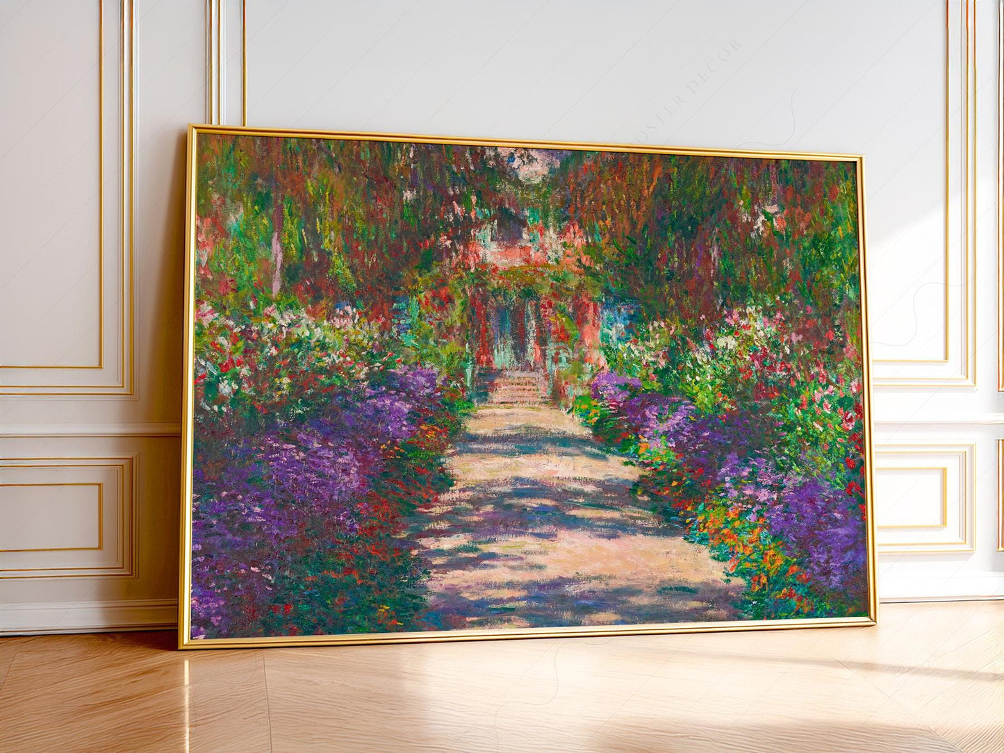 Claude Monet Pathway in Monet's Garden at Giverny art print featuring vibrant florals and a sunlit garden path.