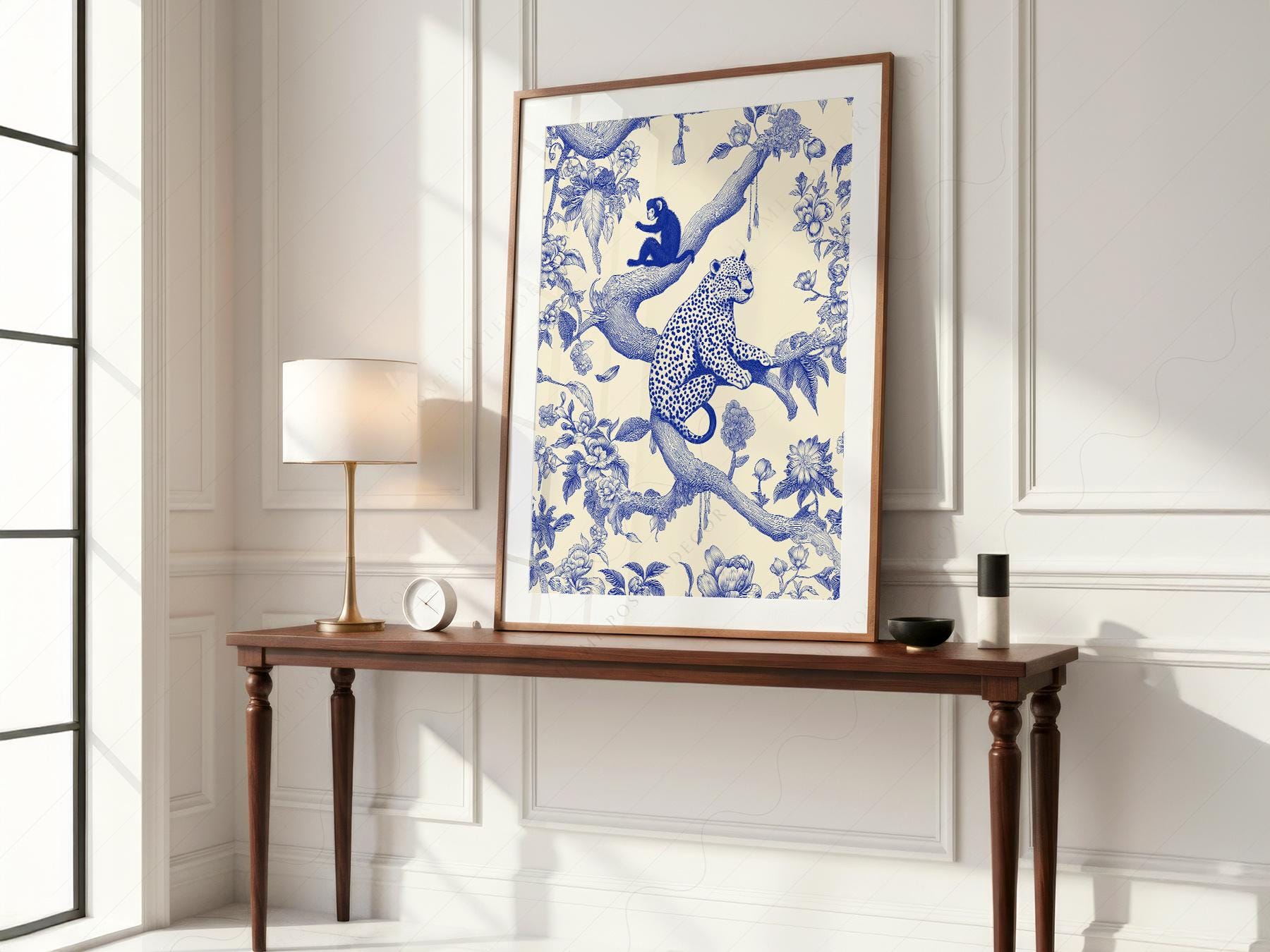 Chinoiserie Leopard & Monkey Art Print – Blue White – classic art print reproduction