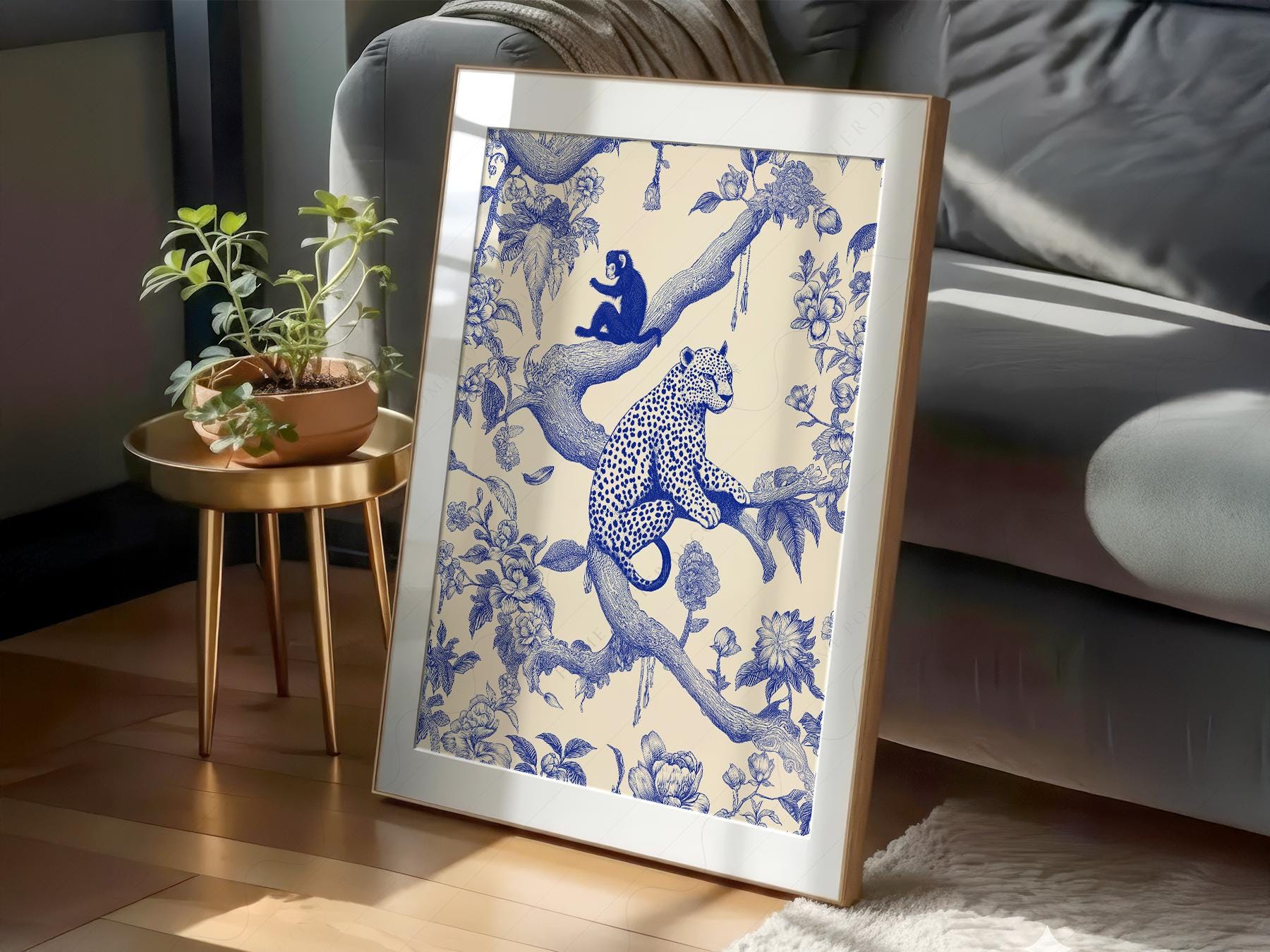 Chinoiserie Leopard & Monkey Art Print – Blue White – fine art wall poster