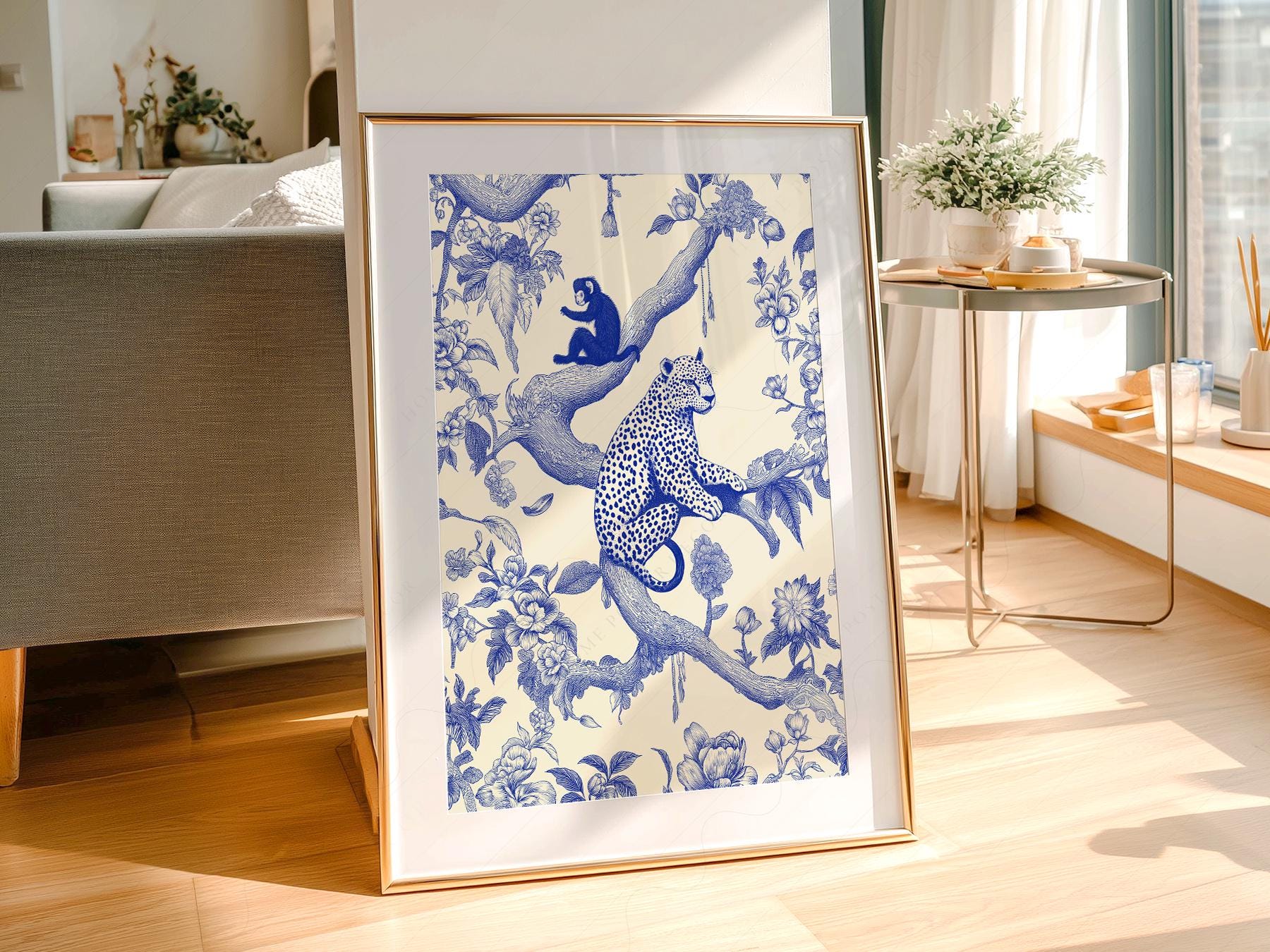Chinoiserie Leopard & Monkey Art Print – Blue White – art poster for living room