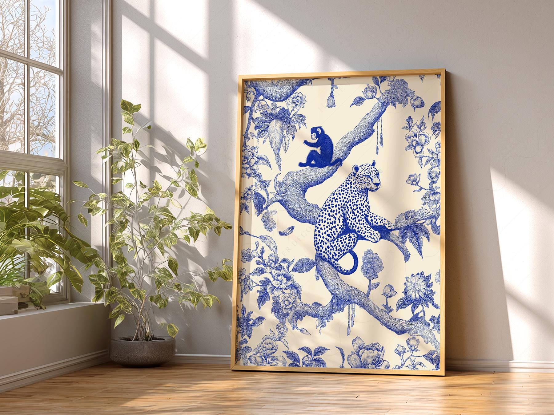 Chinoiserie Leopard & Monkey Art Print – Blue White – high quality art print