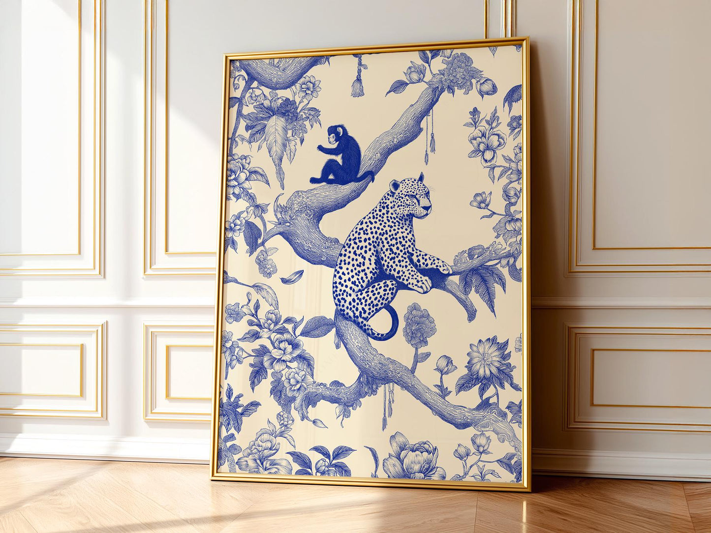 Chinoiserie blue and white art print featuring a leopard and monkey on flowering branches, elegant botanical wall art.
