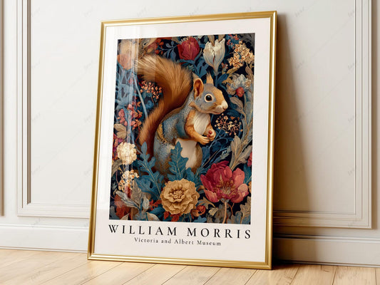William Morris squirrel art print with colorful florals and botanical design, vintage wall art poster.