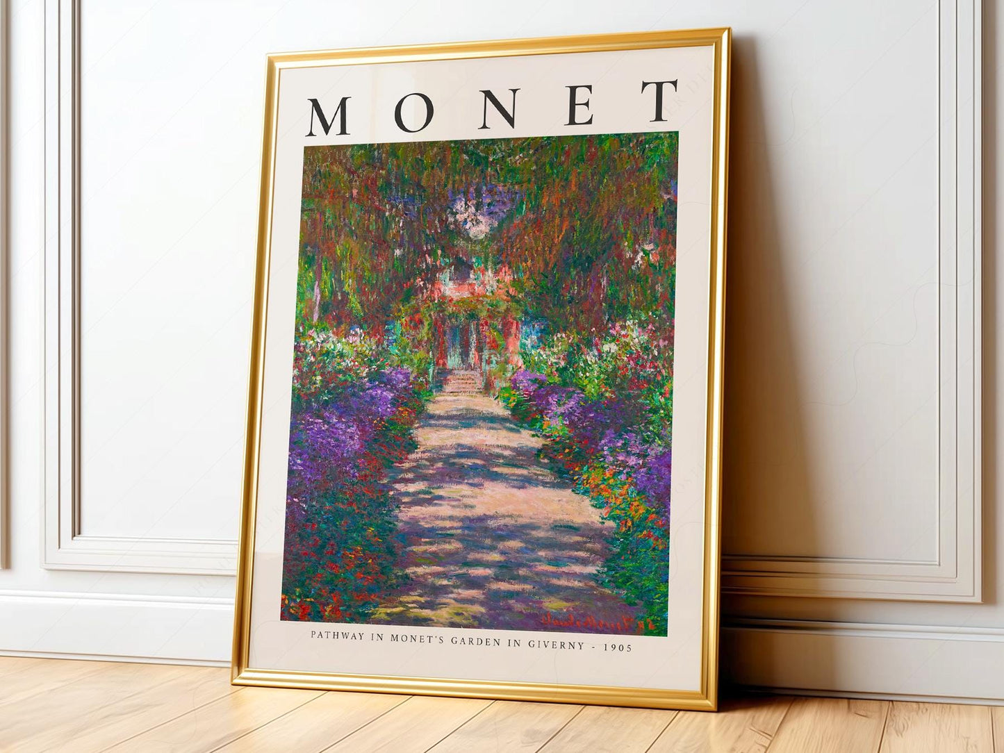 Claude Monet Pathway in Monet's Garden in Giverny art print featuring a colorful flower-lined garden path.