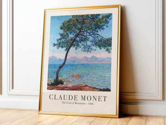Claude Monet The Estérel Mountains art print featuring a pine tree overlooking the Mediterranean Sea and distant purple mountains.