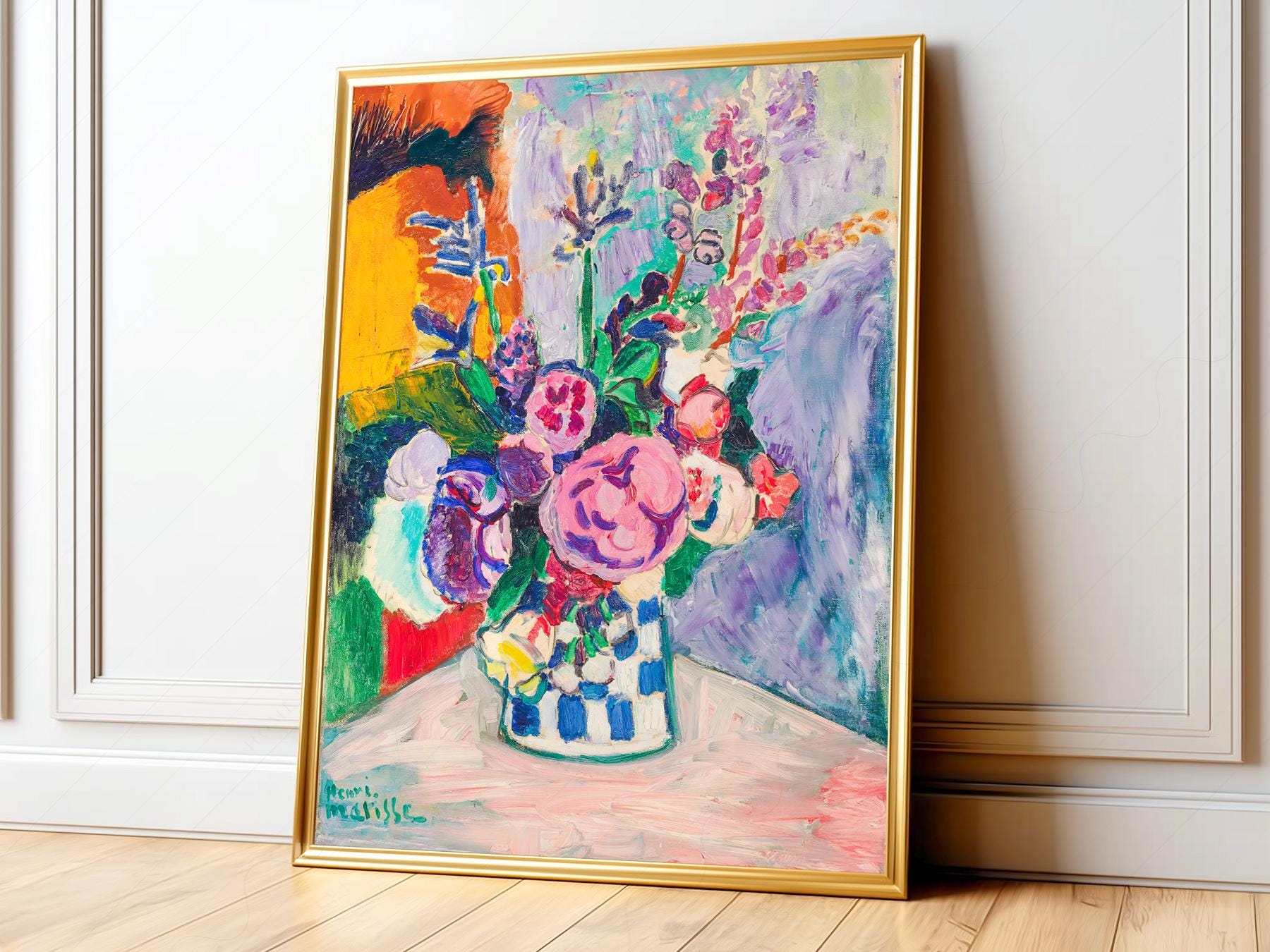 Henri Matisse Les Pivoines floral art print featuring colorful peonies and irises in a checkered vase.