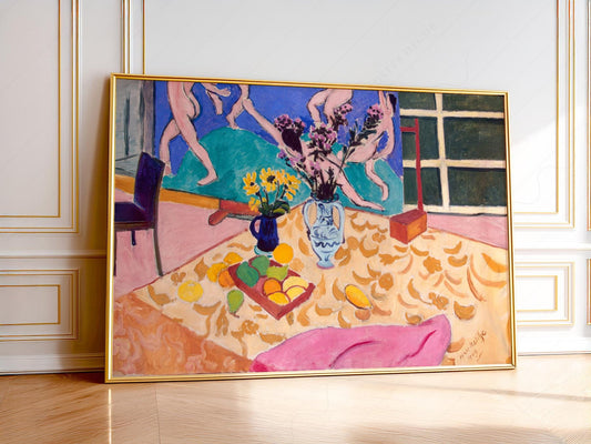 Henri Matisse Still Life with The Dance art print featuring vibrant flowers, fruit, and dancers in bold colors.