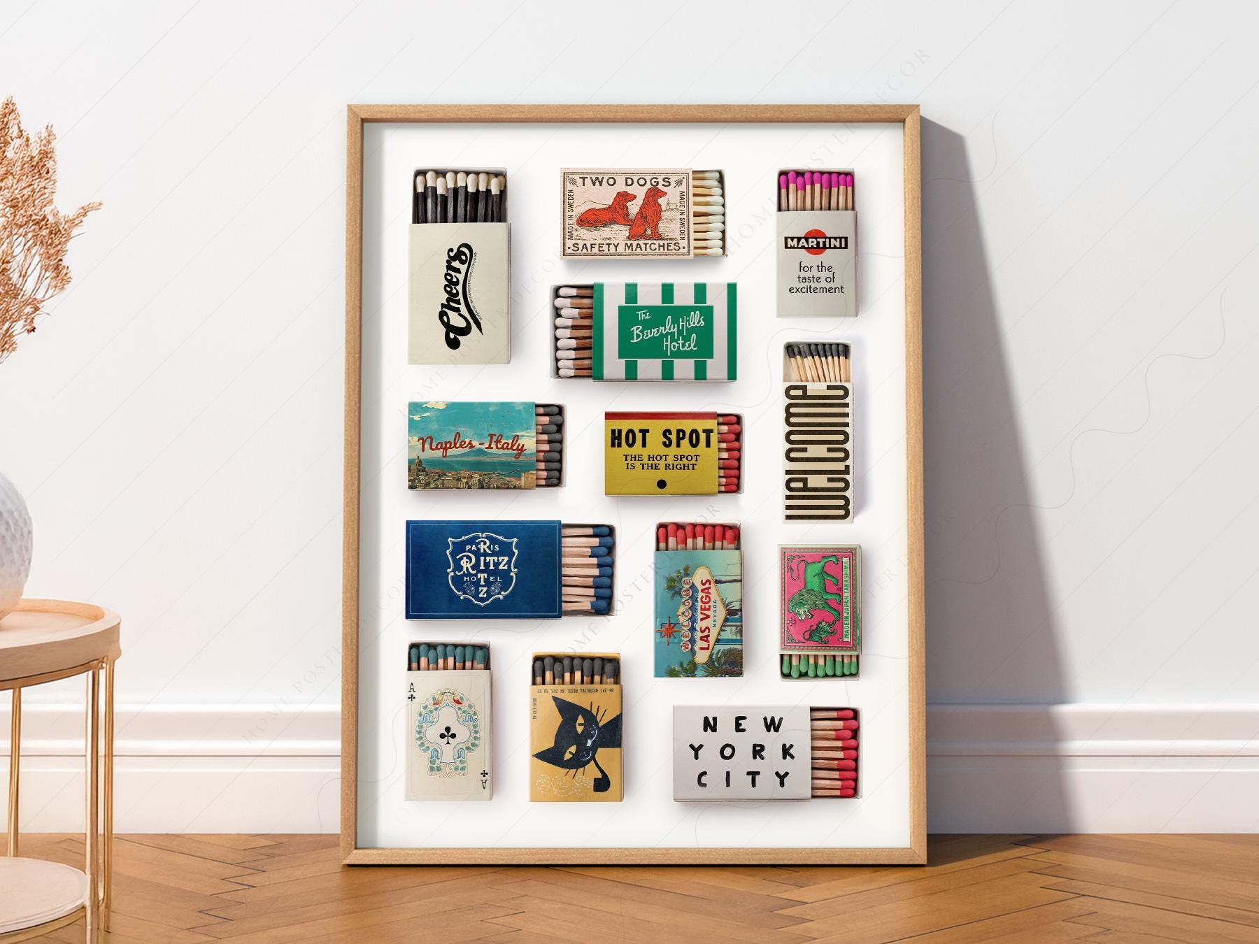 Vintage matchbox collection art print featuring iconic hotels and famous cities as retro travel wall art.