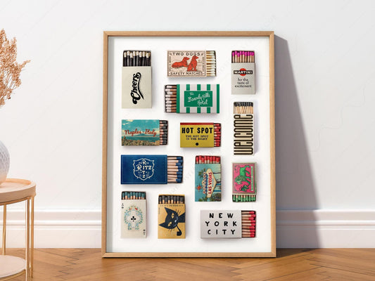 Vintage matchbox collection art print featuring iconic hotels and famous cities as retro travel wall art.