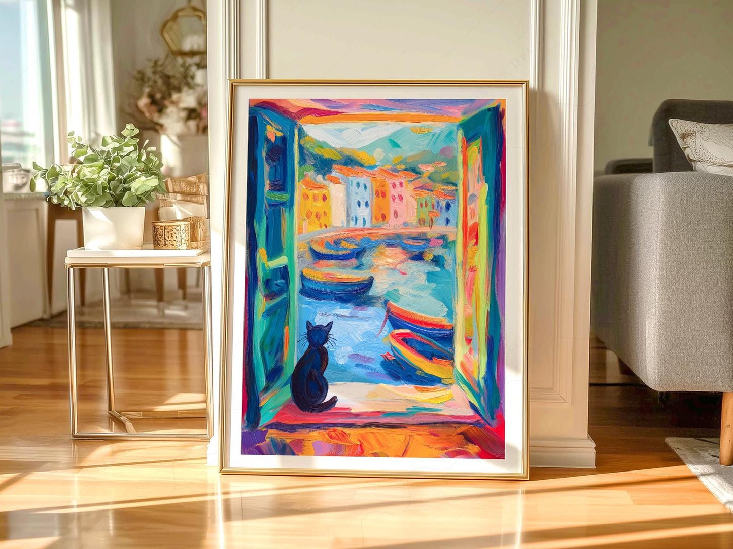 Matisse Inspired Black Cat Window Print – Colorful – museum quality art print
