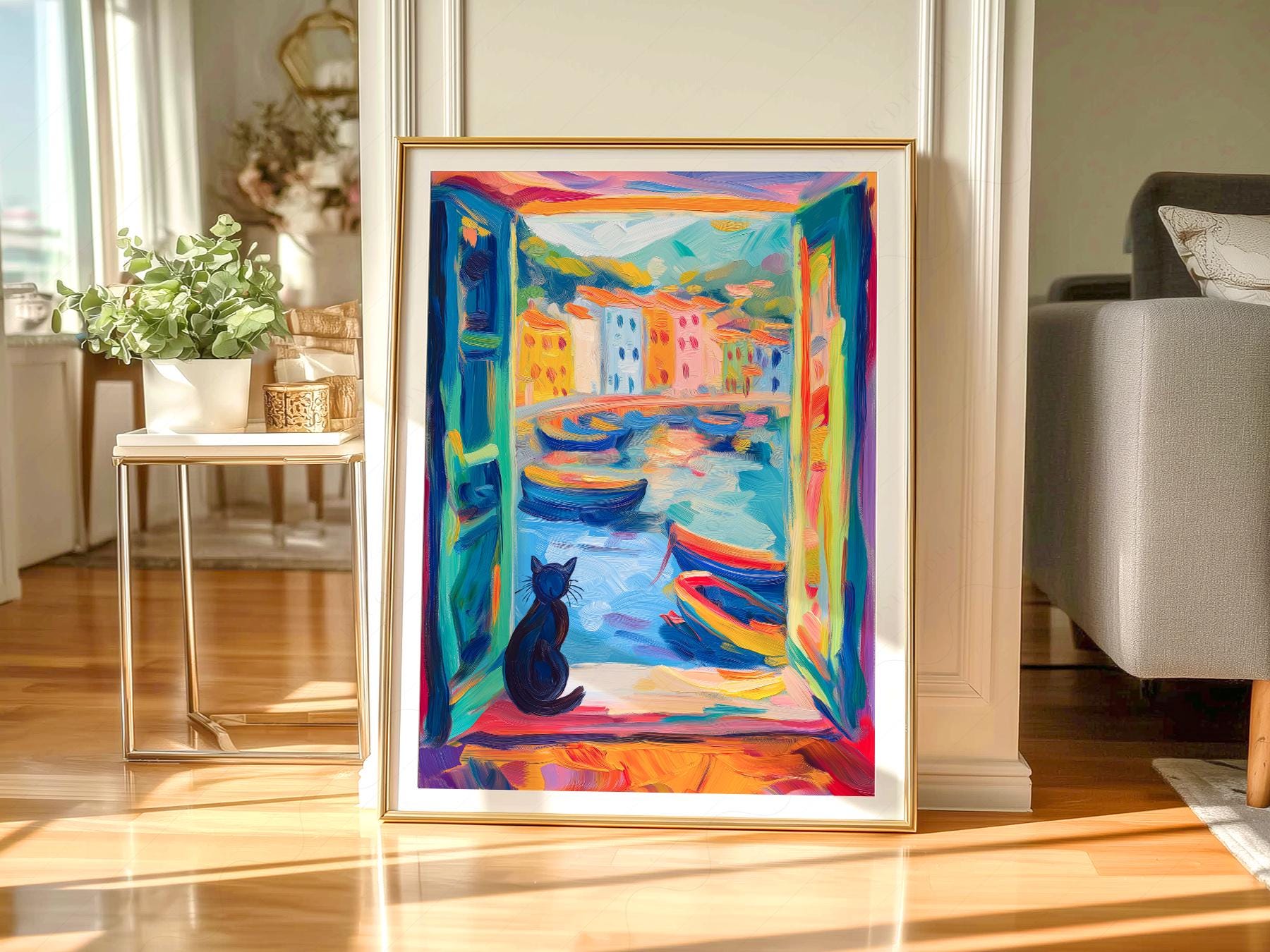 Matisse Inspired Black Cat Window Print – Colorful – museum quality art print