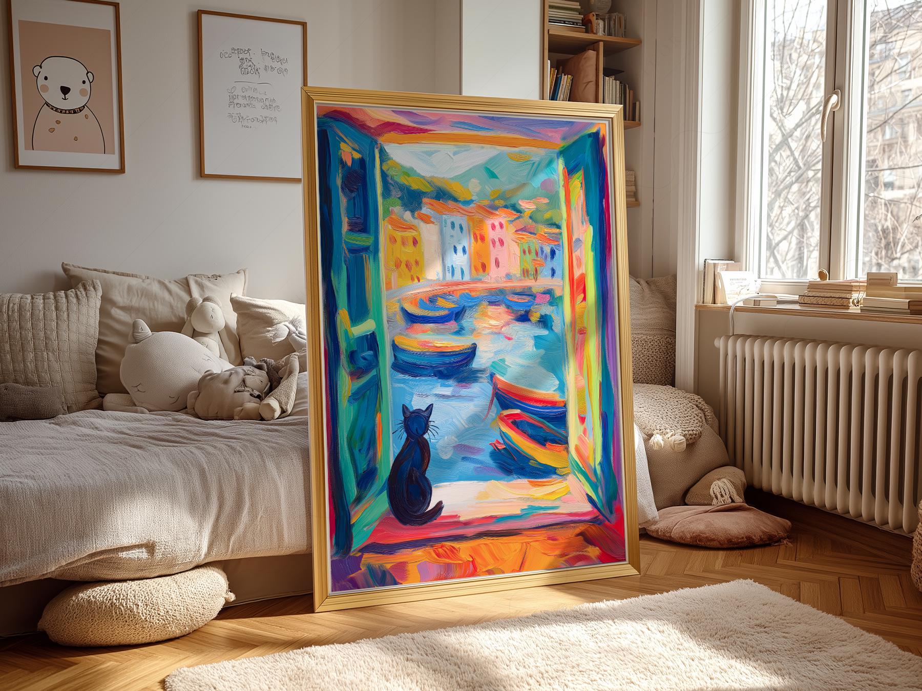 Matisse Inspired Black Cat Window Print – Colorful – archival paper art print