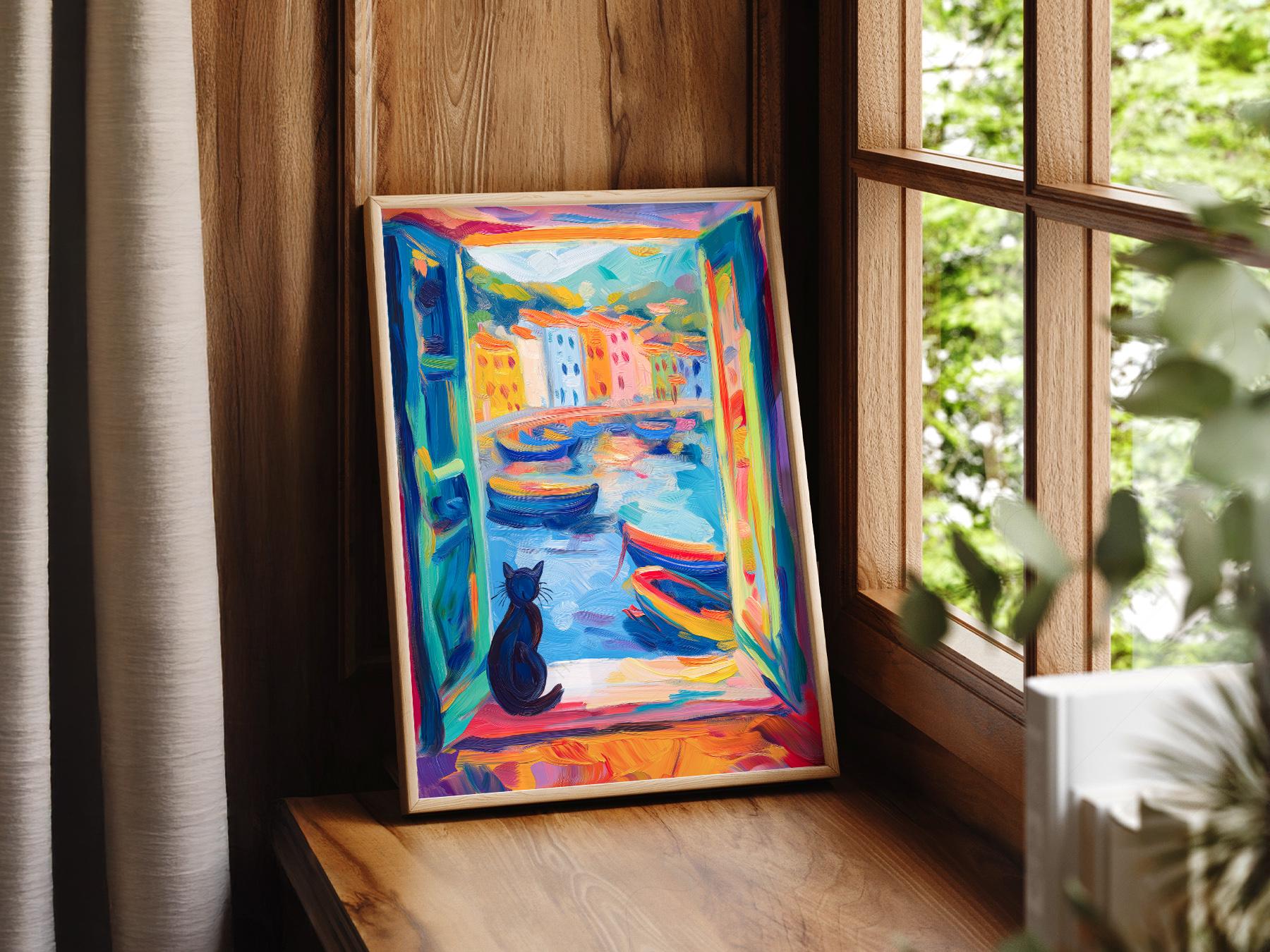 Matisse Inspired Black Cat Window Print – Colorful – fine art print wall decor