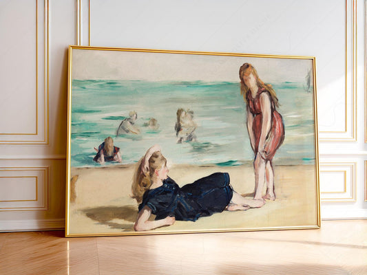Edouard Manet On the Beach art print featuring women relaxing at the seaside in vintage coastal wall art.