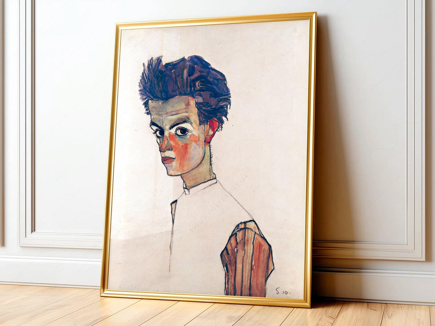Egon Schiele Self-Portrait expressionist art print featuring the artist's intense gaze and angular style in muted tones.