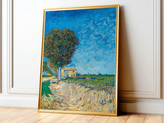 Vincent van Gogh A Lane Near Arles art print featuring a tree, yellow house, and vibrant blue sky wall art.