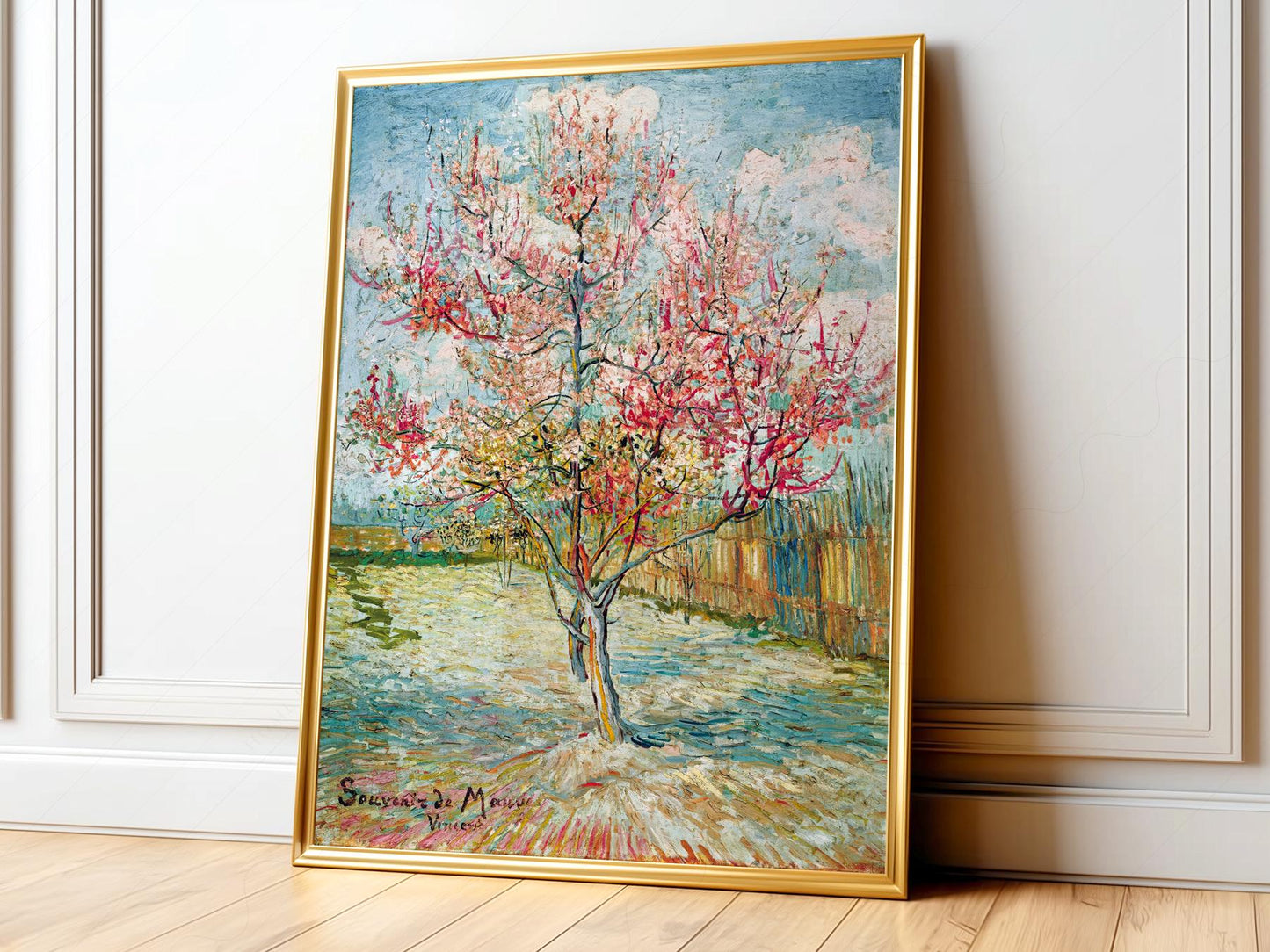 Vincent Van Gogh Pink Peach Trees art print featuring spring blossoms in Arles France wall art.