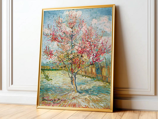 Vincent Van Gogh Pink Peach Trees art print featuring spring blossoms in Arles France wall art.