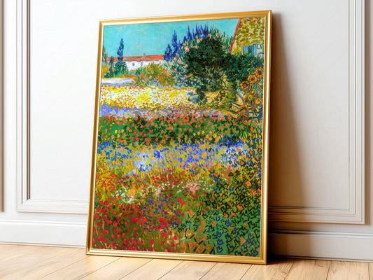 Vincent Van Gogh Flowering Garden art print featuring a vibrant colorful landscape with wildflowers and cypress trees.