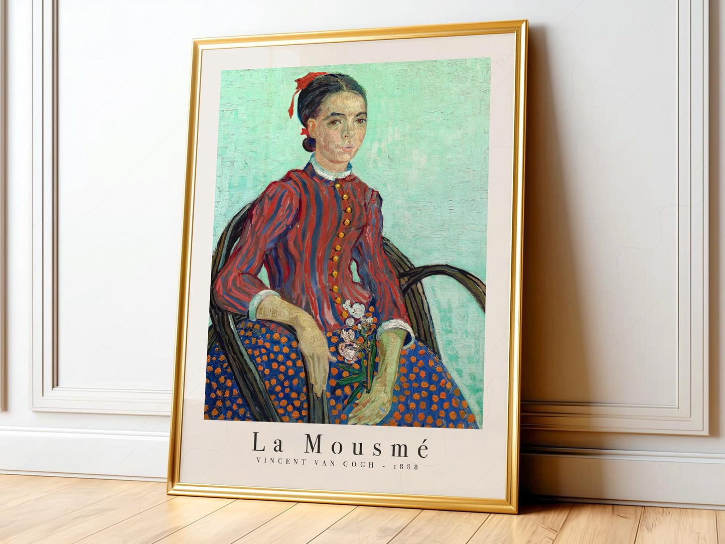 Vincent van Gogh La Mousmé art print featuring a young woman in striped jacket holding flowers wall poster