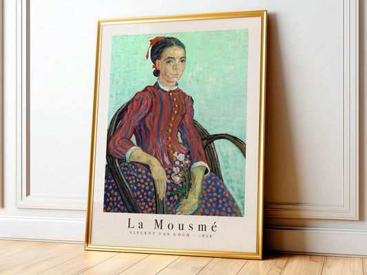 Vincent van Gogh La Mousmé art print featuring a young woman in striped jacket holding flowers wall poster