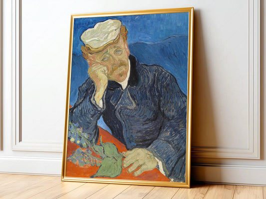 Van Gogh Portrait of Dr. Gachet art print featuring contemplative figure in blue against swirling background wall art.